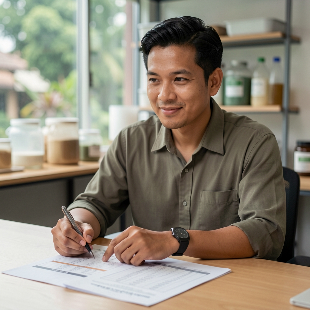 Pelantra studio founder reviewing ingredient sourcing documentation at a desk, papers with elemental composition tables visible, Jakarta studio environment