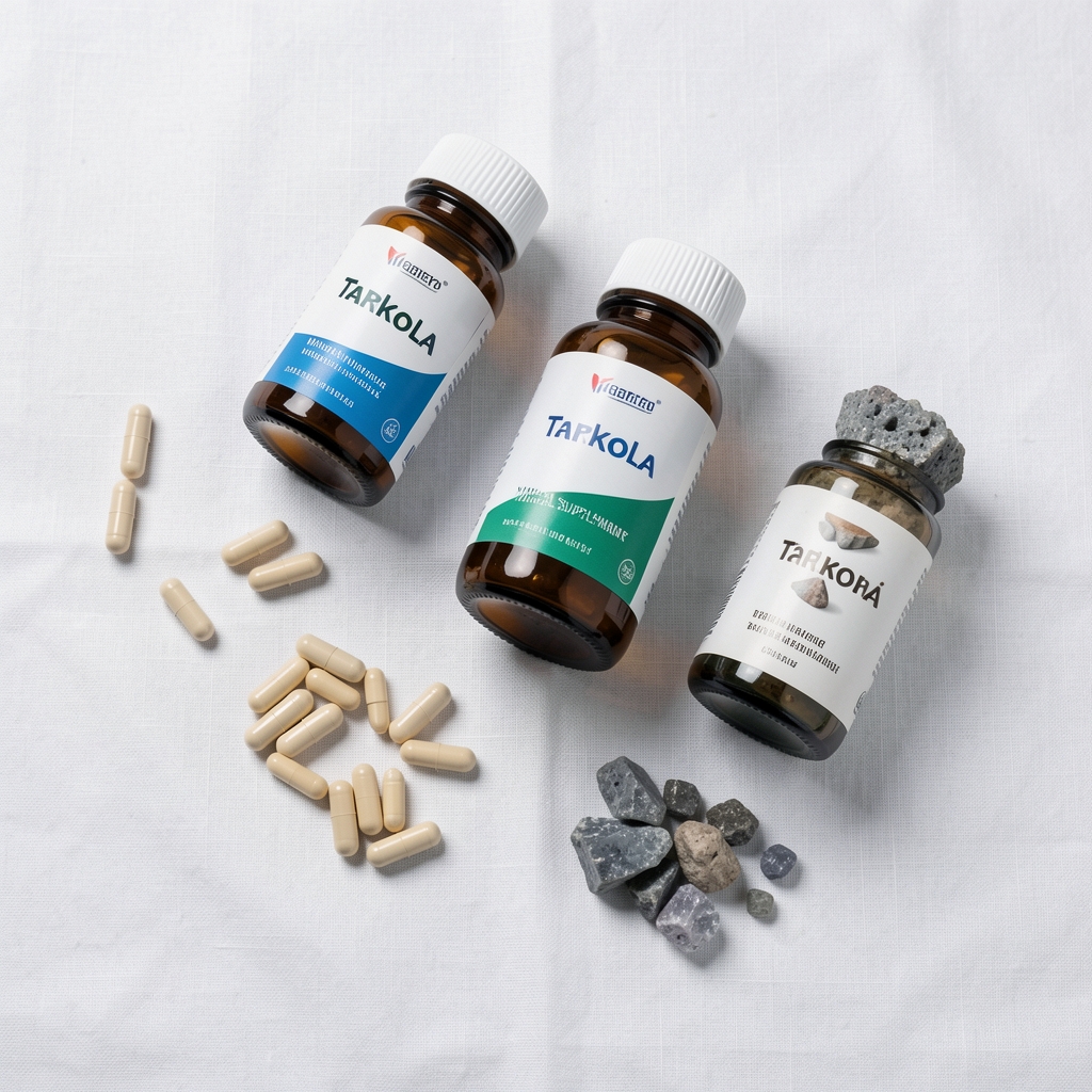 Flat-lay arrangement of Pelantra mineral supplement capsules, amber glass bottles, and zinc mineral samples on a clean white linen surface under studio lighting