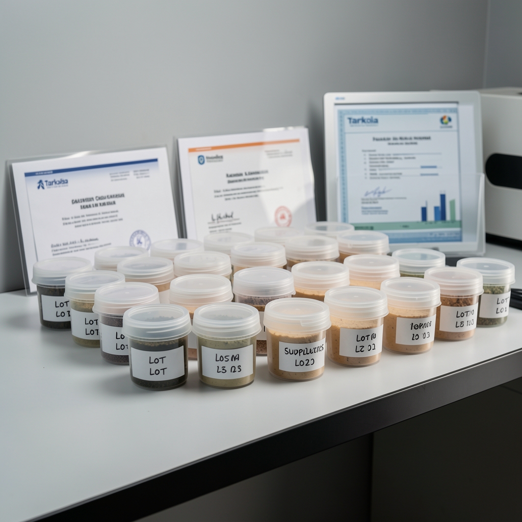 Quality-control bench with coded supplement containers arranged in rows under bright laboratory lighting, batch documentation sheets visible on a stainless steel surface