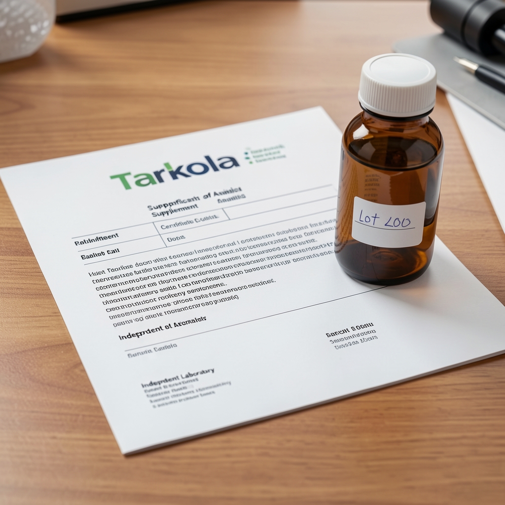 Pelantra supplement batch certificate of analysis document on a desk beside an amber glass bottle, lot number handwritten in pen, independent laboratory letterhead visible on the document
