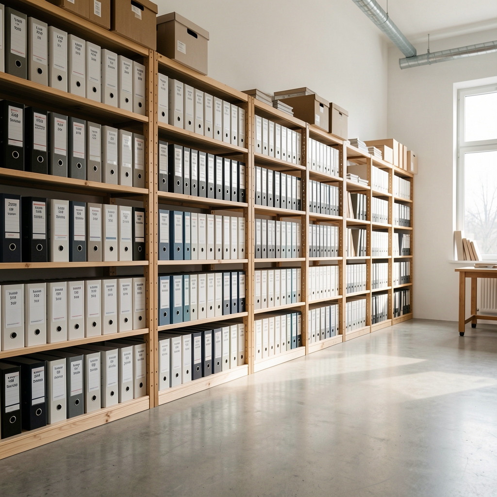 Wide view of Pelantra studio documentation shelving, rows of archive binders labelled by year and lot series, wooden shelves in clean workspace with natural light, no people present