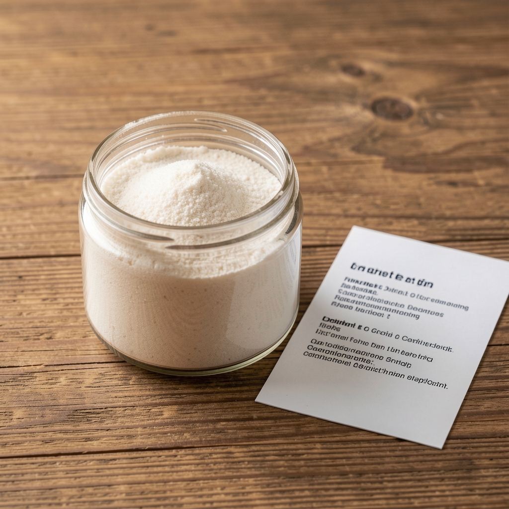 Pelantra Trace Element Blend supplement jar opened on a wooden surface, fine granulation visible, ingredient origin documentation card placed beside it