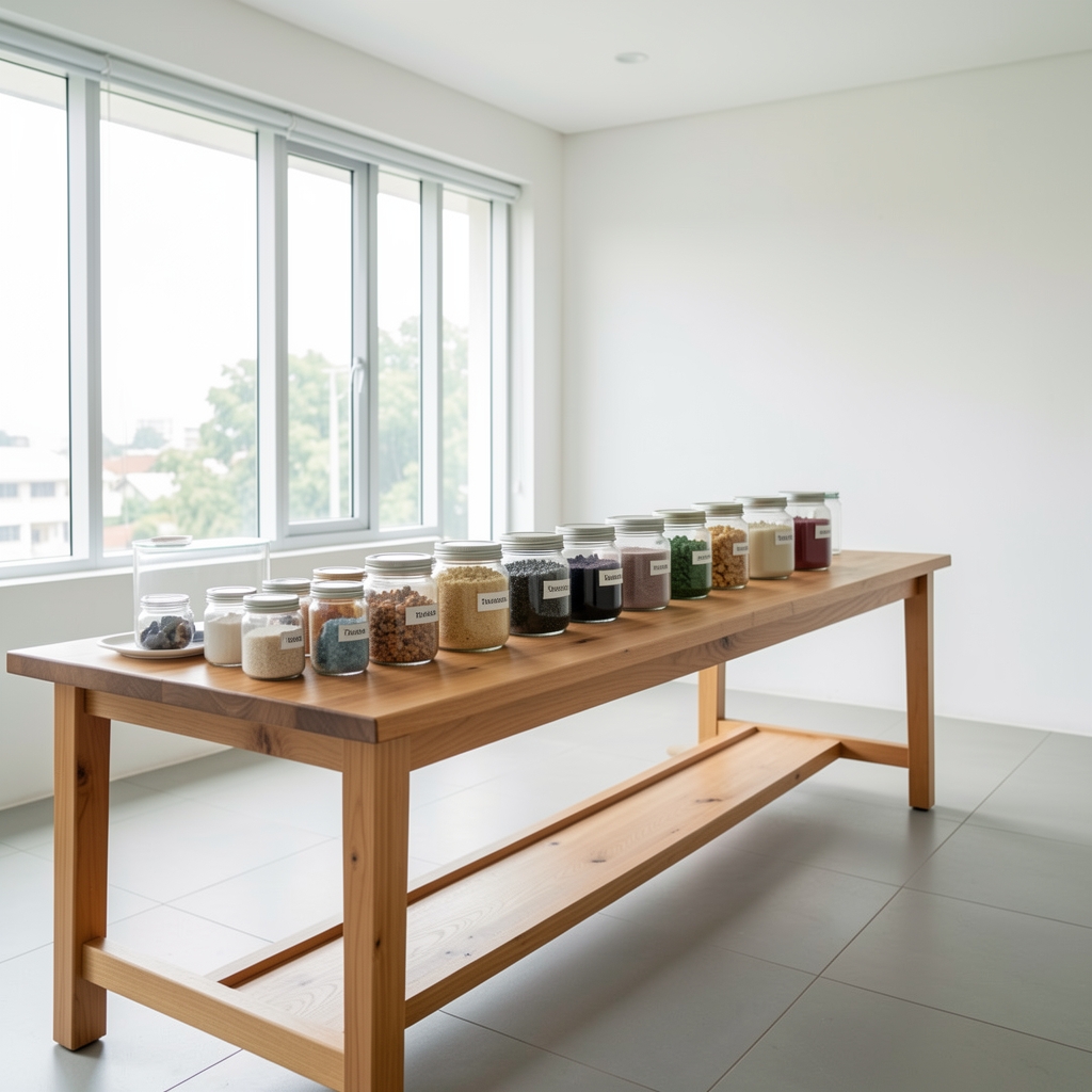 Wide shot of Pelantra formulation studio in Jakarta, bright clean space with long wooden workbench, ingredient samples in glass jars arranged by mineral category