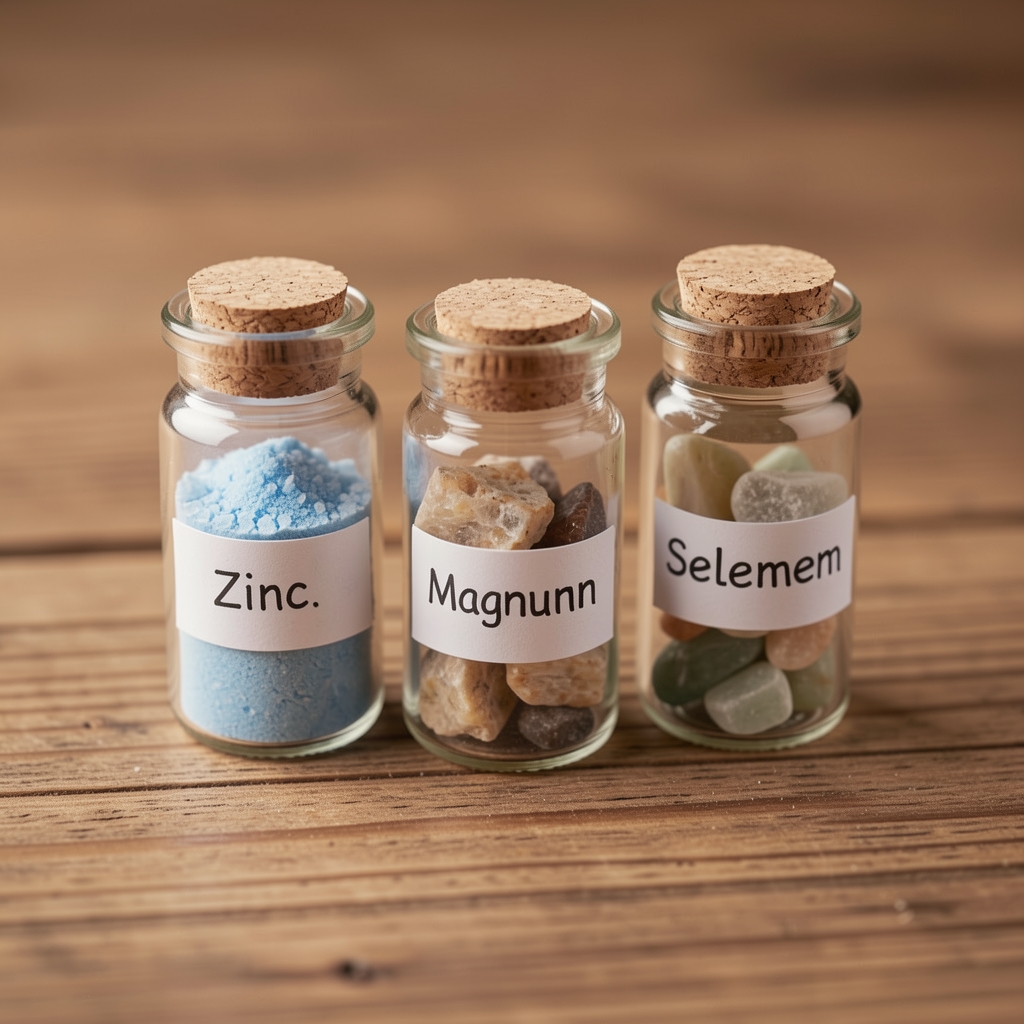 Close-up of mineral ingredient samples in small labeled glass vials on a wooden surface, showing zinc, magnesium, and selenium in raw form
